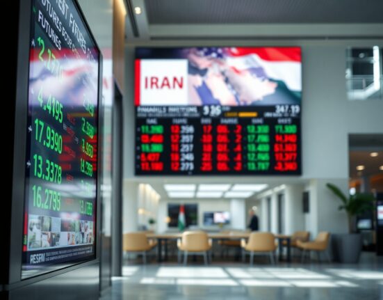 Stock market display board showing futures near record highs amid Iran nuclear talks breakdown