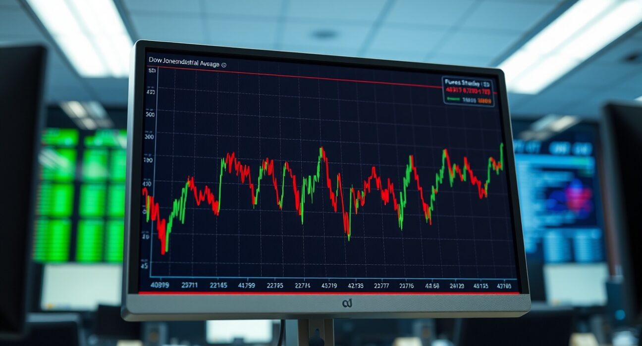 Volatile Dow Jones futures chart reflecting market anxiety over escalating Iran tensions.