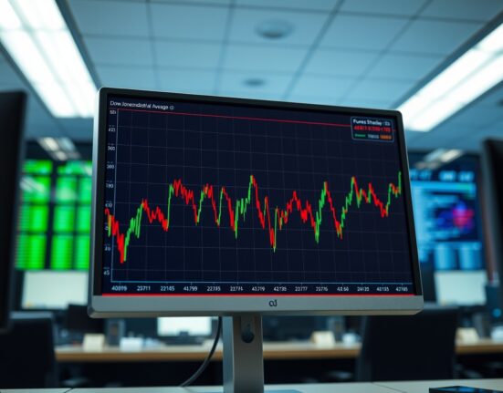 Volatile Dow Jones futures chart reflecting market anxiety over escalating Iran tensions.