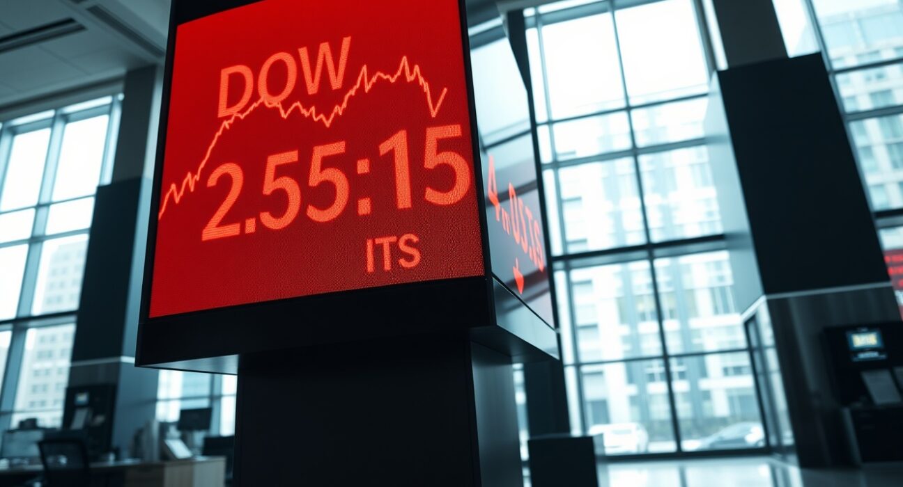 Dow Jones Industrial Average stock market board showing red numbers and downward trend