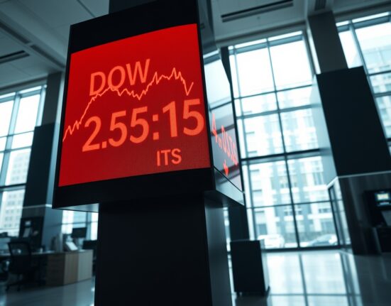 Dow Jones Industrial Average stock market board showing red numbers and downward trend