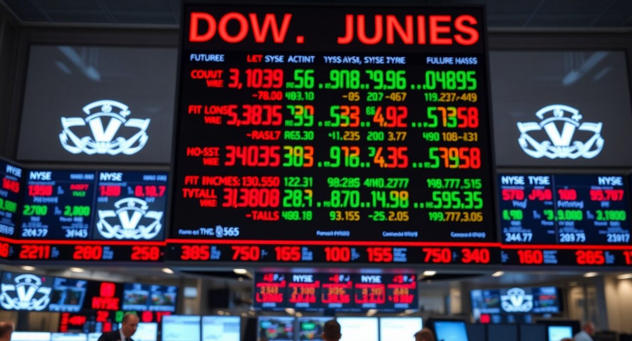 Dow Jones Industrial Average futures board on a trading floor showing mixed market signals.