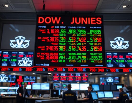 Dow Jones Industrial Average futures board on a trading floor showing mixed market signals.