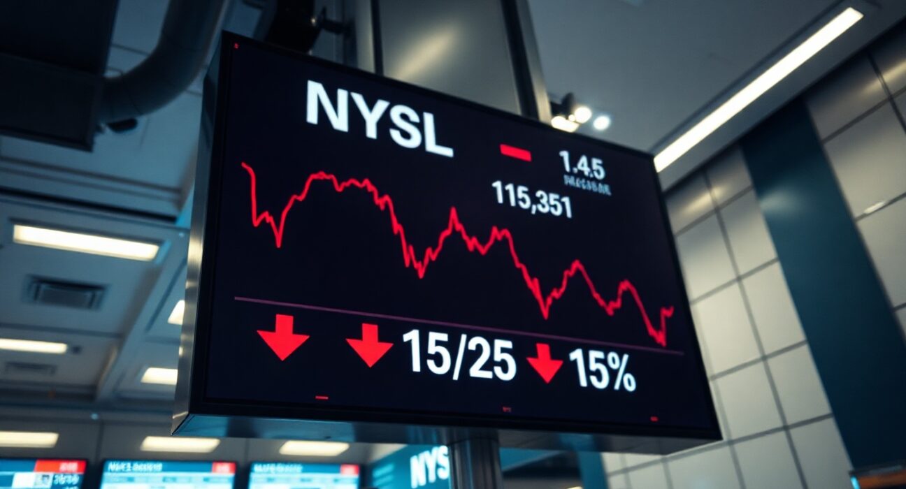 Stock market board showing Dow Jones index with red arrows and declines ahead of inflation data release