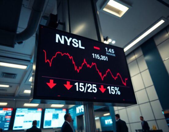 Stock market board showing Dow Jones index with red arrows and declines ahead of inflation data release