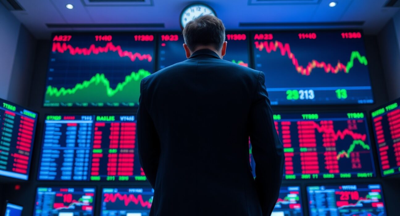 Trader watching stock market screens showing Dow Jones futures decline amid geopolitical tensions