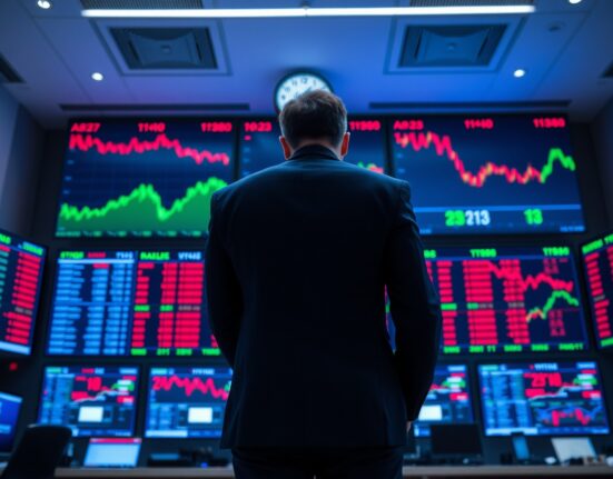 Trader watching stock market screens showing Dow Jones futures decline amid geopolitical tensions