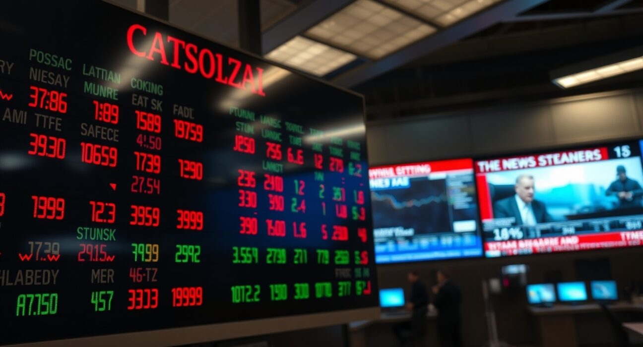 Stock market display board showing red and green numbers in a dimly lit trading floor, with a blurred news screen in background about US strike on Iran