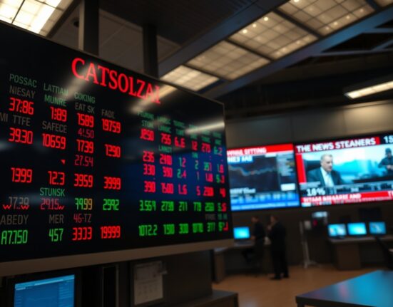 Stock market display board showing red and green numbers in a dimly lit trading floor, with a blurred news screen in background about US strike on Iran