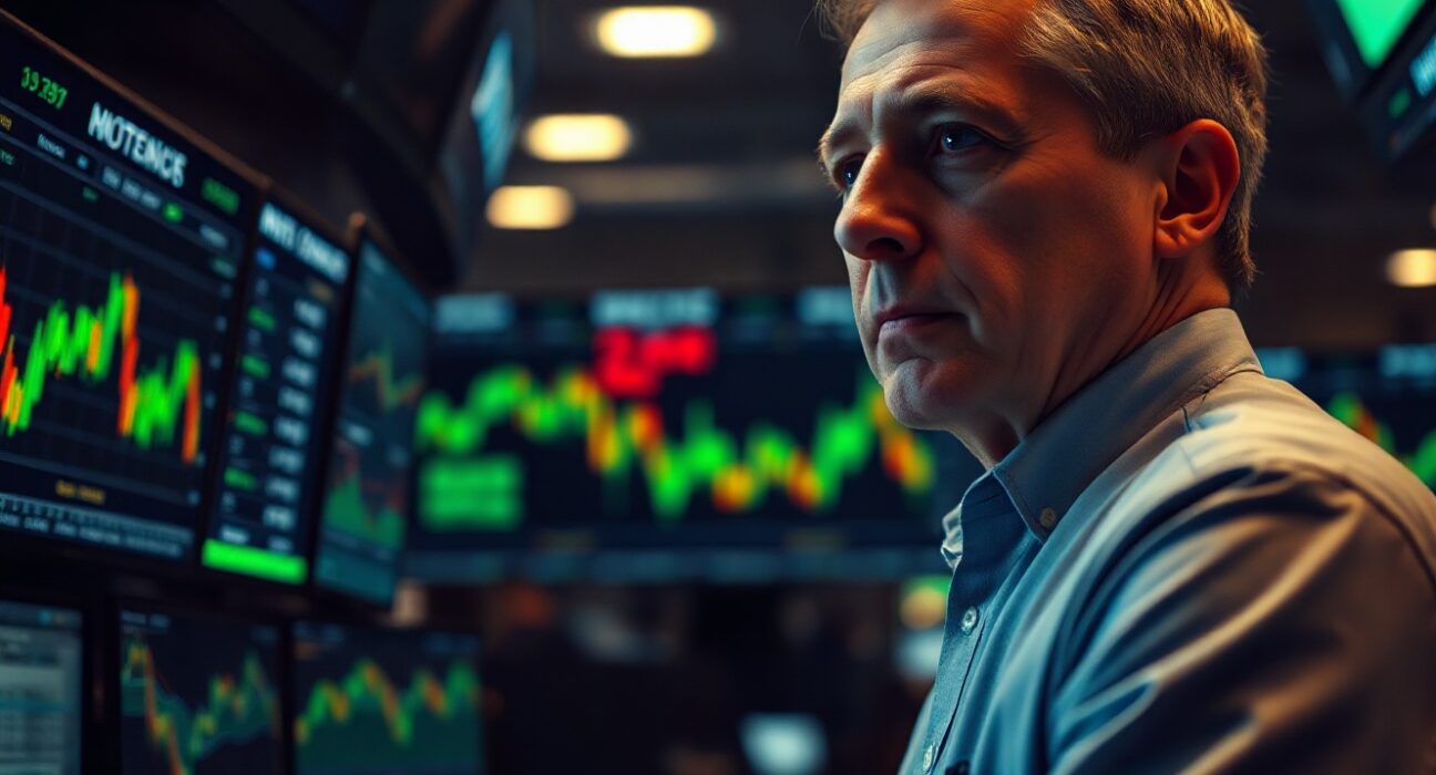 Stock trader watching market charts on multiple monitors in a trading floor