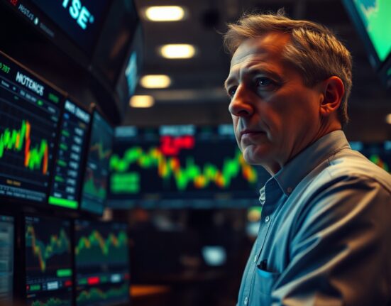 Stock trader watching market charts on multiple monitors in a trading floor