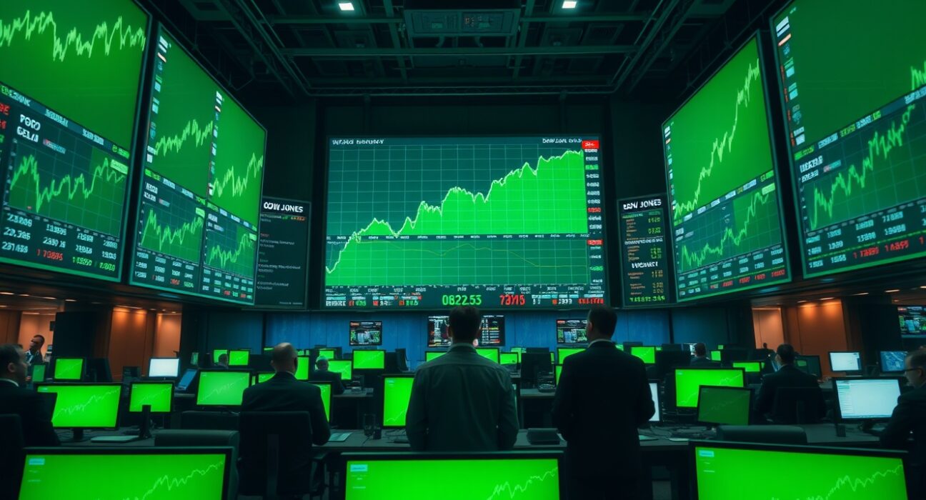 Stock market trading floor with green screens showing Dow Jones futures rising as Middle East tensions ease