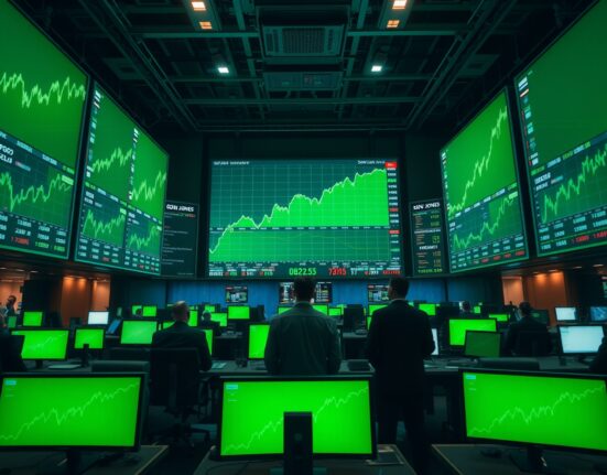 Stock market trading floor with green screens showing Dow Jones futures rising as Middle East tensions ease