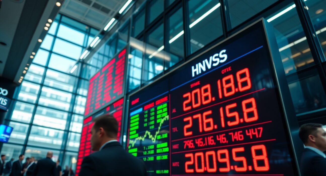 Dow Jones stock market display board with red and green numbers in a financial district trading floor