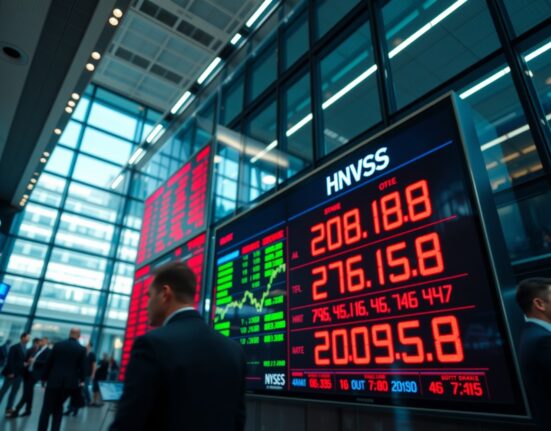 Dow Jones stock market display board with red and green numbers in a financial district trading floor