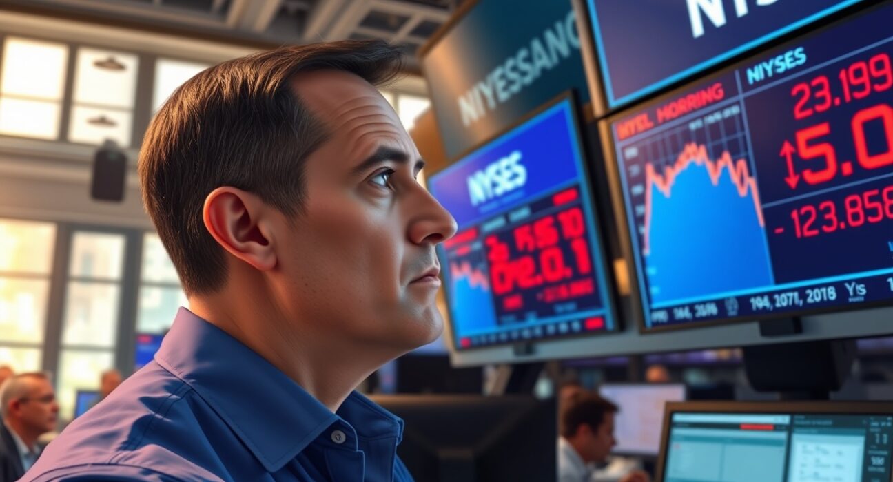 Trader reacts to falling Dow Jones futures amid rising oil prices and strong retail sales data