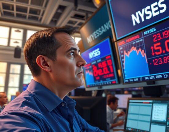 Trader reacts to falling Dow Jones futures amid rising oil prices and strong retail sales data