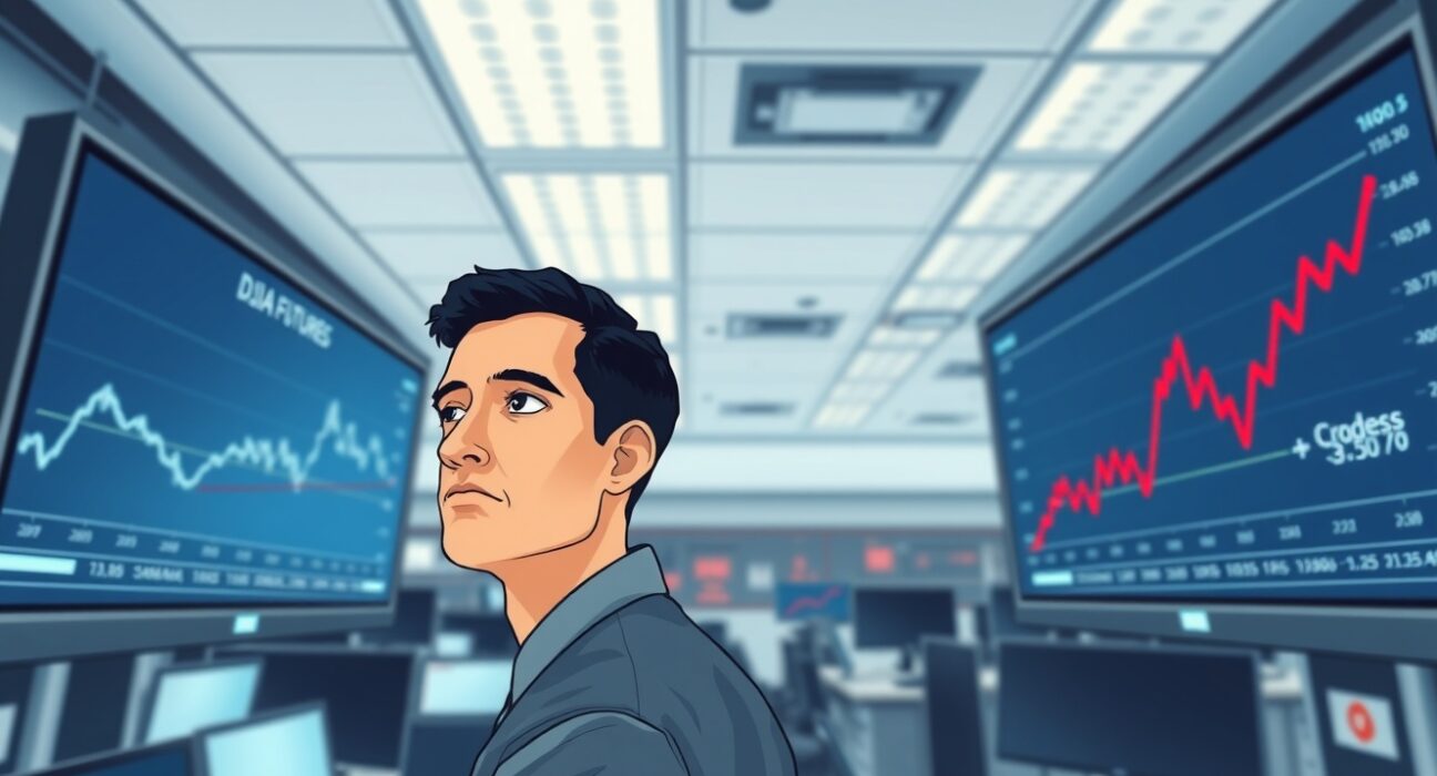 Financial analyst monitoring flat Dow Jones futures and surging oil prices due to Iran tensions.