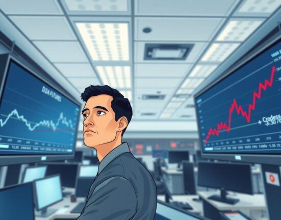 Financial analyst monitoring flat Dow Jones futures and surging oil prices due to Iran tensions.