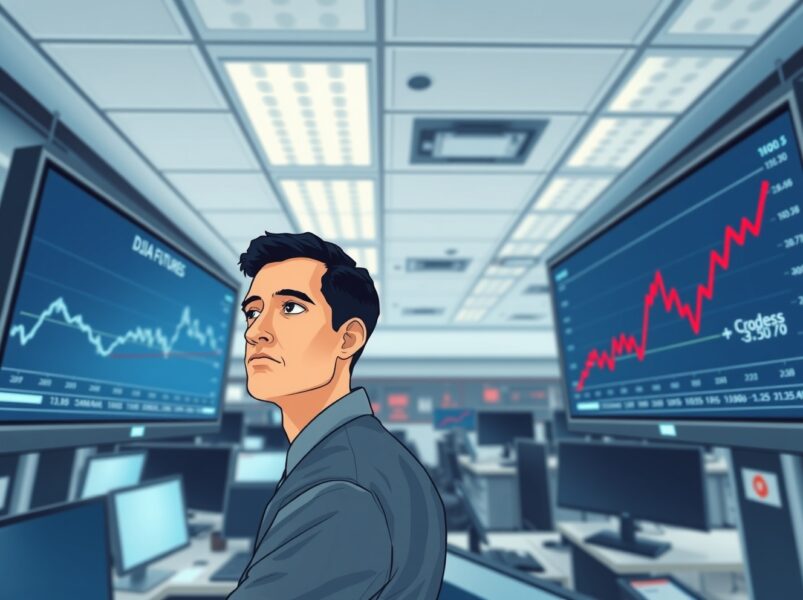 Financial analyst monitoring flat Dow Jones futures and surging oil prices due to Iran tensions.