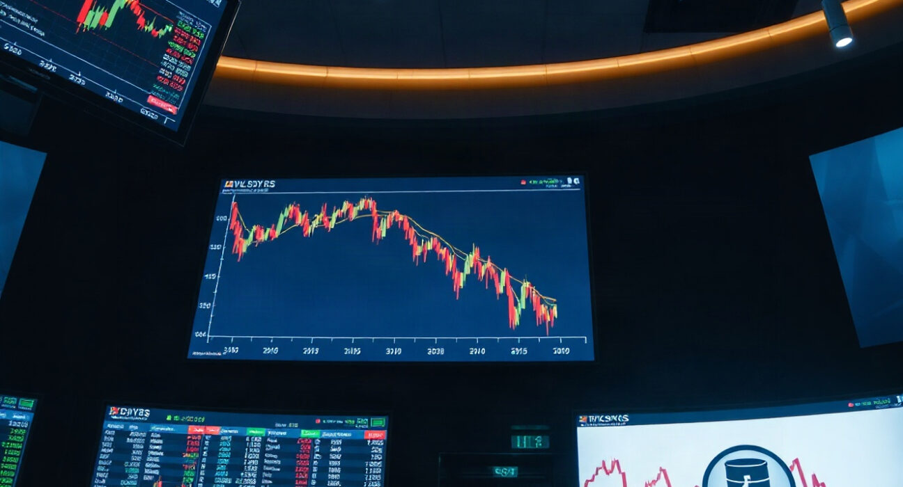 Trading screens showing Dow Jones futures decline and rising oil prices on a trading floor