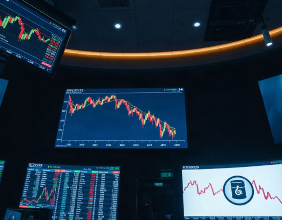 Trading screens showing Dow Jones futures decline and rising oil prices on a trading floor