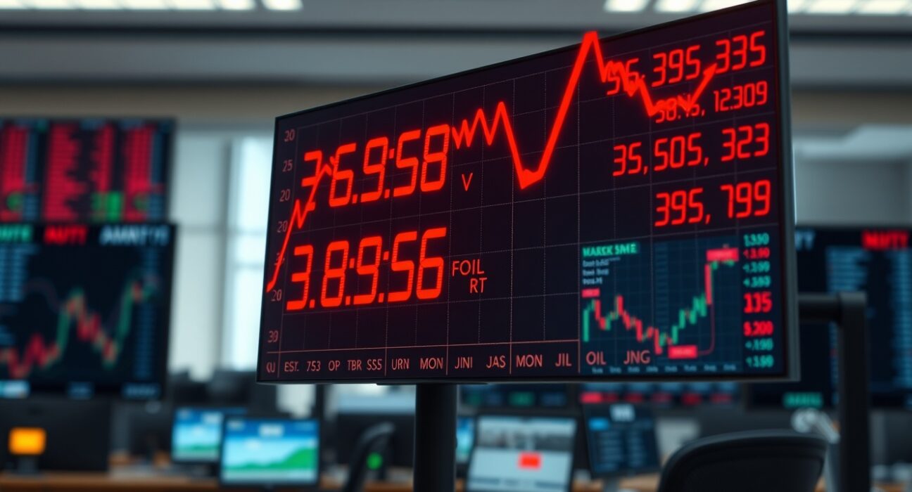 Dow Jones futures and oil prices showing inverse movement on financial market displays,