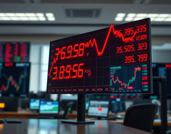 Dow Jones futures and oil prices showing inverse movement on financial market displays, representing economic volatility.