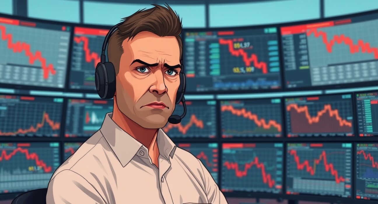 Financial trader monitors plunging Dow Jones futures charts following Trump's market comments