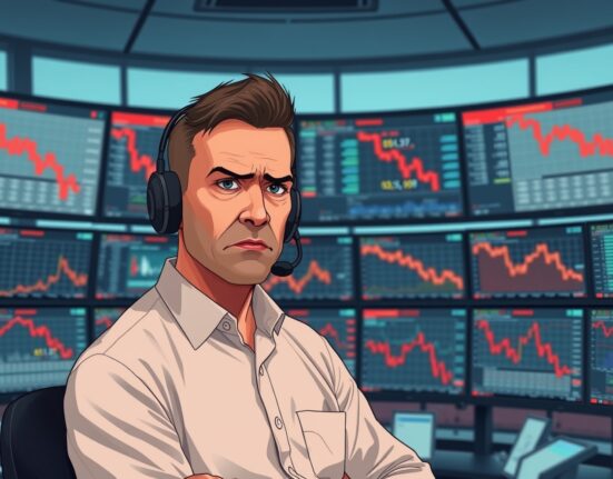 Financial trader monitors plunging Dow Jones futures charts following Trump's market comments