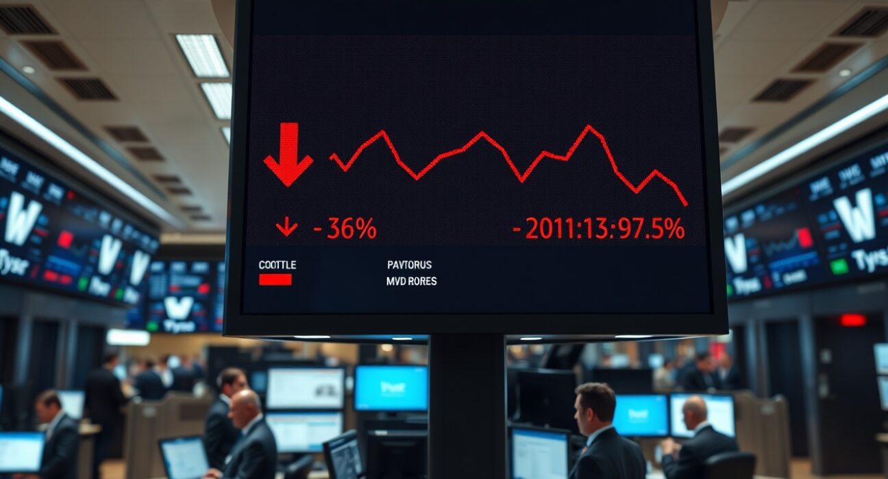 Stock market display board showing Dow Jones futures decline with red arrows on a trading floor
