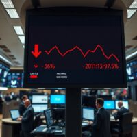 Stock market display board showing Dow Jones futures decline with red arrows on a trading floor