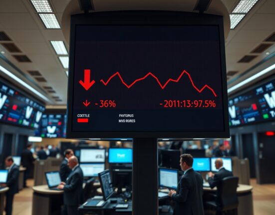 Stock market display board showing Dow Jones futures decline with red arrows on a trading floor