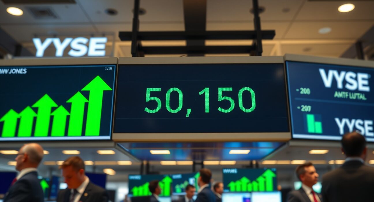 Digital display board showing Dow Jones futures at 50,150 with green arrows on a trading floor.