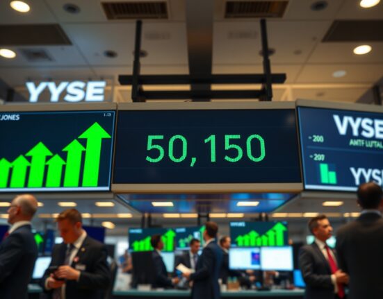 Digital display board showing Dow Jones futures at 50,150 with green arrows on a trading floor.