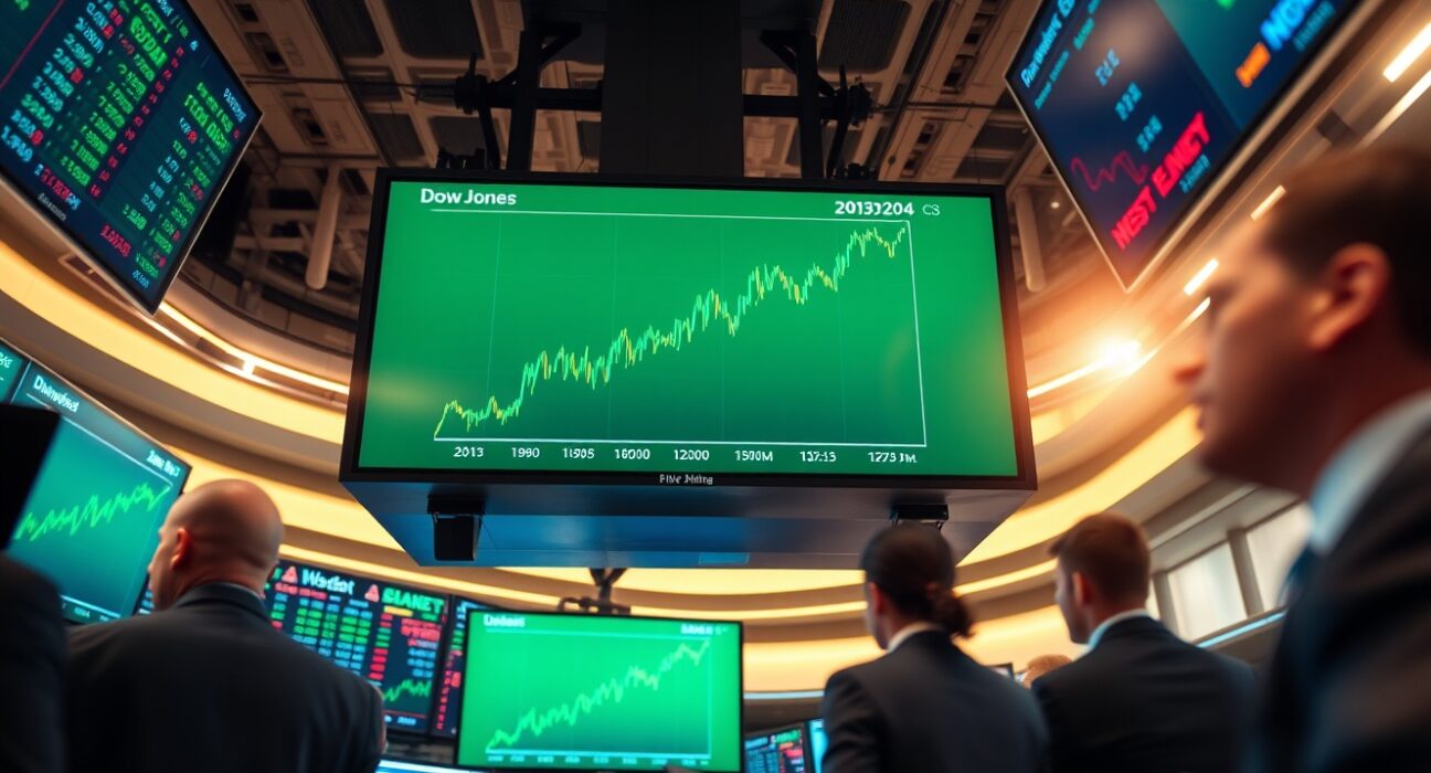 Stock market screens showing green Dow Jones futures chart after Iran-Oman talks