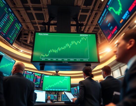 Stock market screens showing green Dow Jones futures chart after Iran-Oman talks