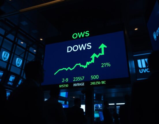 Digital stock market board showing Dow Jones Industrial Average with green arrows indicating a modest recovery.