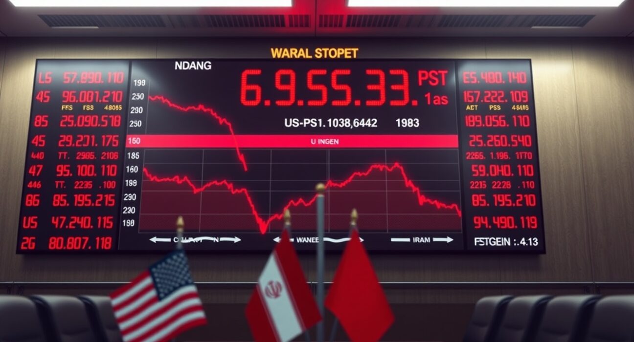 Dow Jones futures retreat as US-Iran peace efforts stall, showing a red stock board with diplomatic flags in foreground