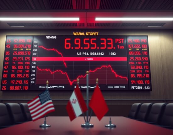 Dow Jones futures retreat as US-Iran peace efforts stall, showing a red stock board with diplomatic flags in foreground