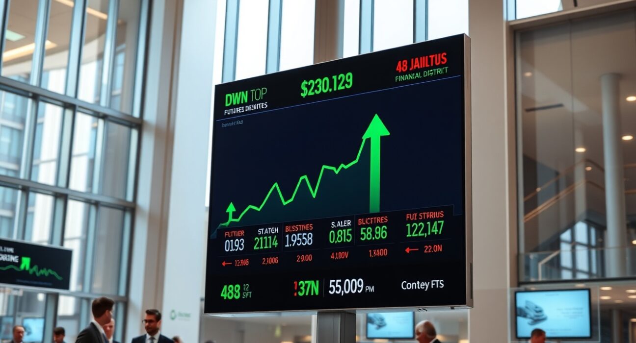 Dow Jones futures board showing green arrows in a financial district lobby
