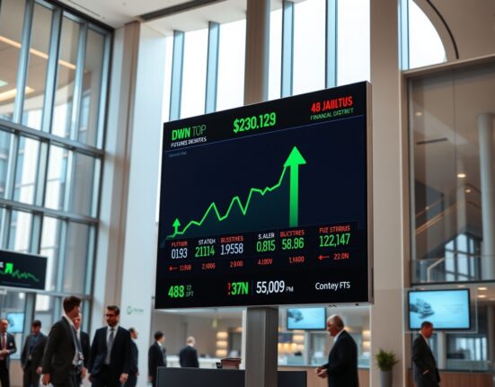 Dow Jones futures board showing green arrows in a financial district lobby