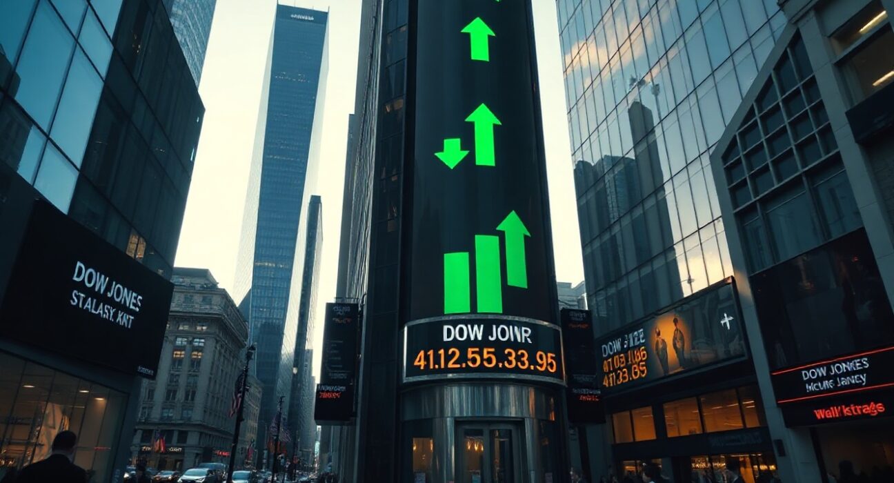 Stock market ticker showing Dow Jones and major indices with green arrows, reflecting positive futures movement.