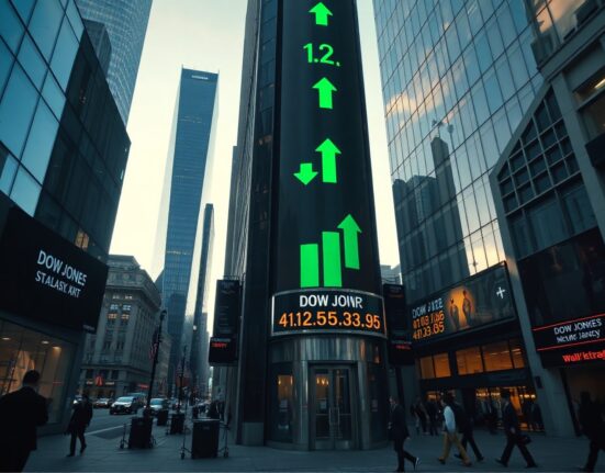 Stock market ticker showing Dow Jones and major indices with green arrows, reflecting positive futures movement.