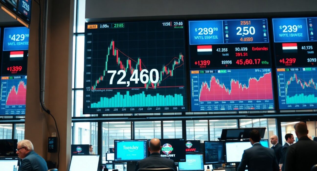 Trading screens showing Dow Jones futures rising as Middle East tensions ease