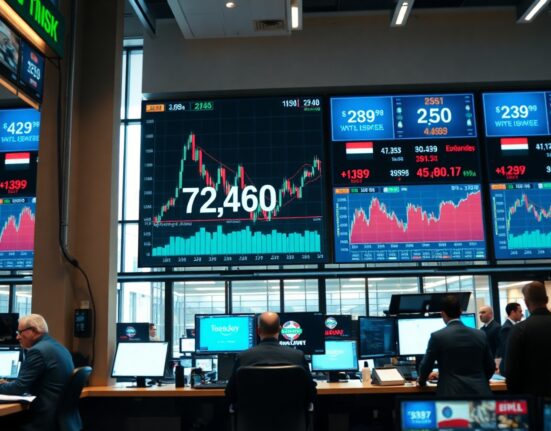 Trading screens showing Dow Jones futures rising as Middle East tensions ease