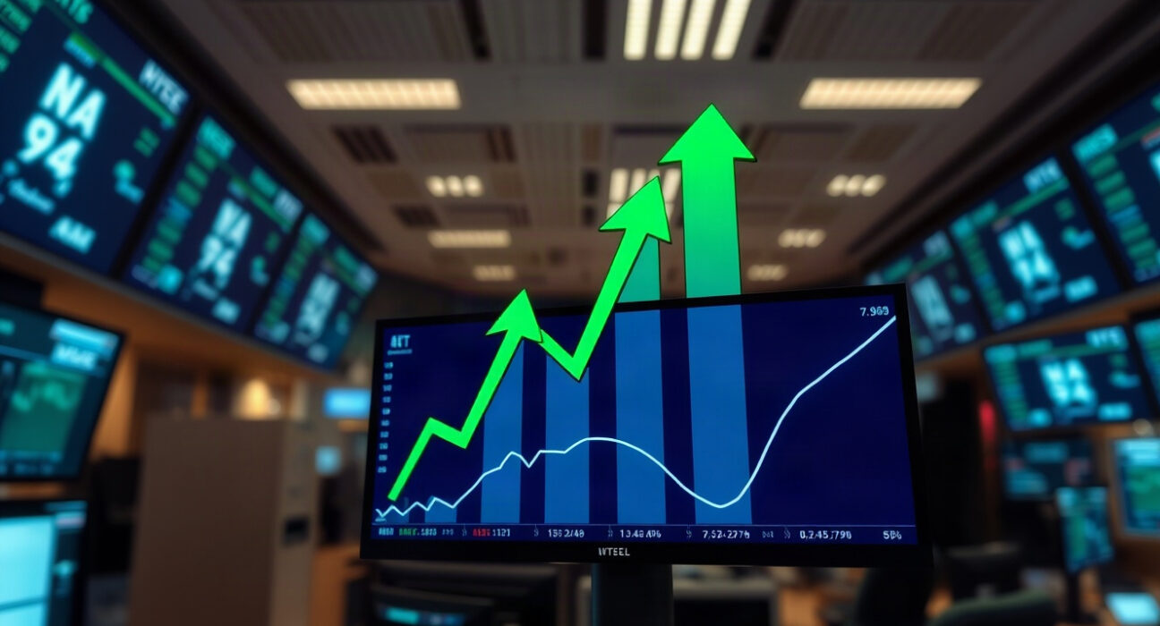 Stock market ticker showing upward movement with green arrows, reflecting positive futures trading.