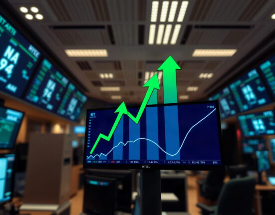 Stock market ticker showing upward movement with green arrows, reflecting positive futures trading.