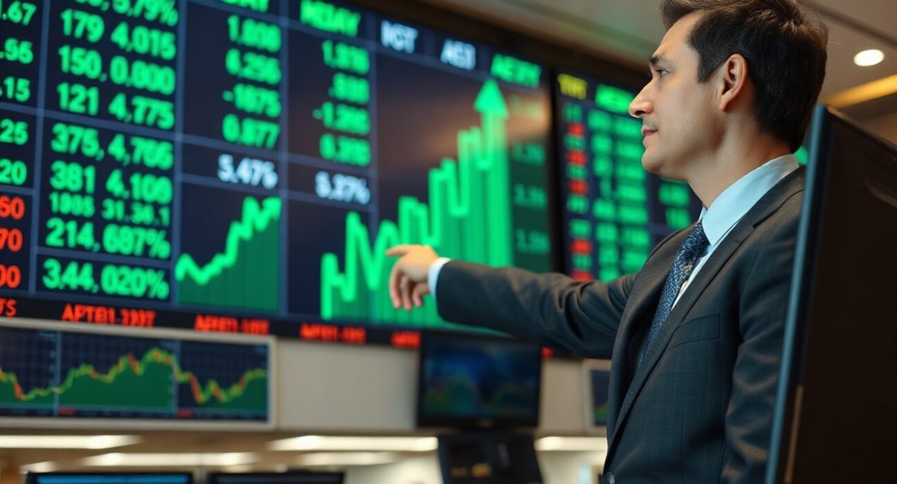 Stock market analyst pointing at oil price chart with Dow Jones futures board in background
