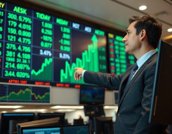 Stock market analyst pointing at oil price chart with Dow Jones futures board in background